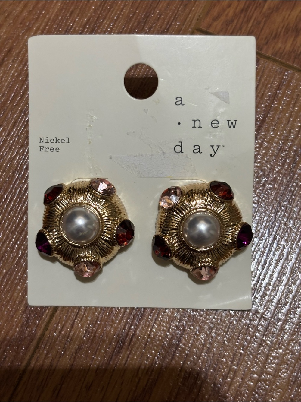 a new day Gold-Tone Pearl Stud Earrings with Pink Accents
